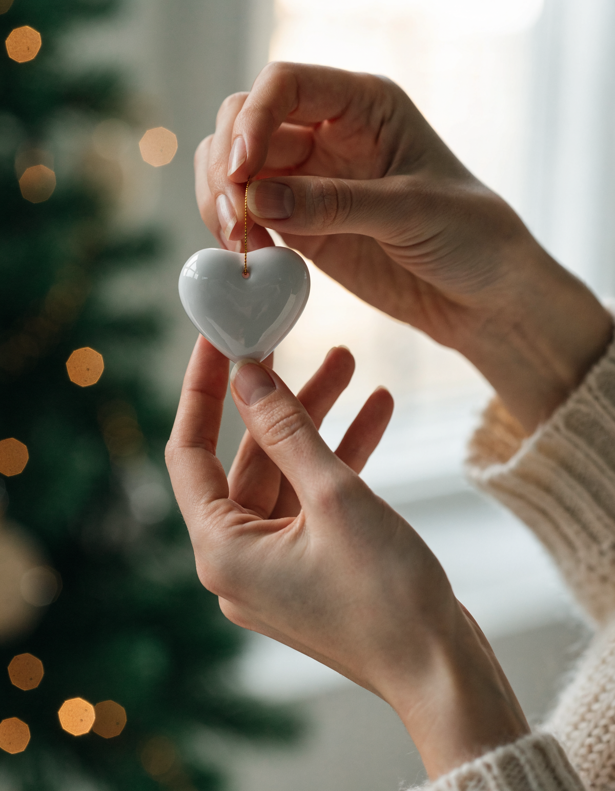 Hands holding a ceramic ornament in front of a Christmas tree