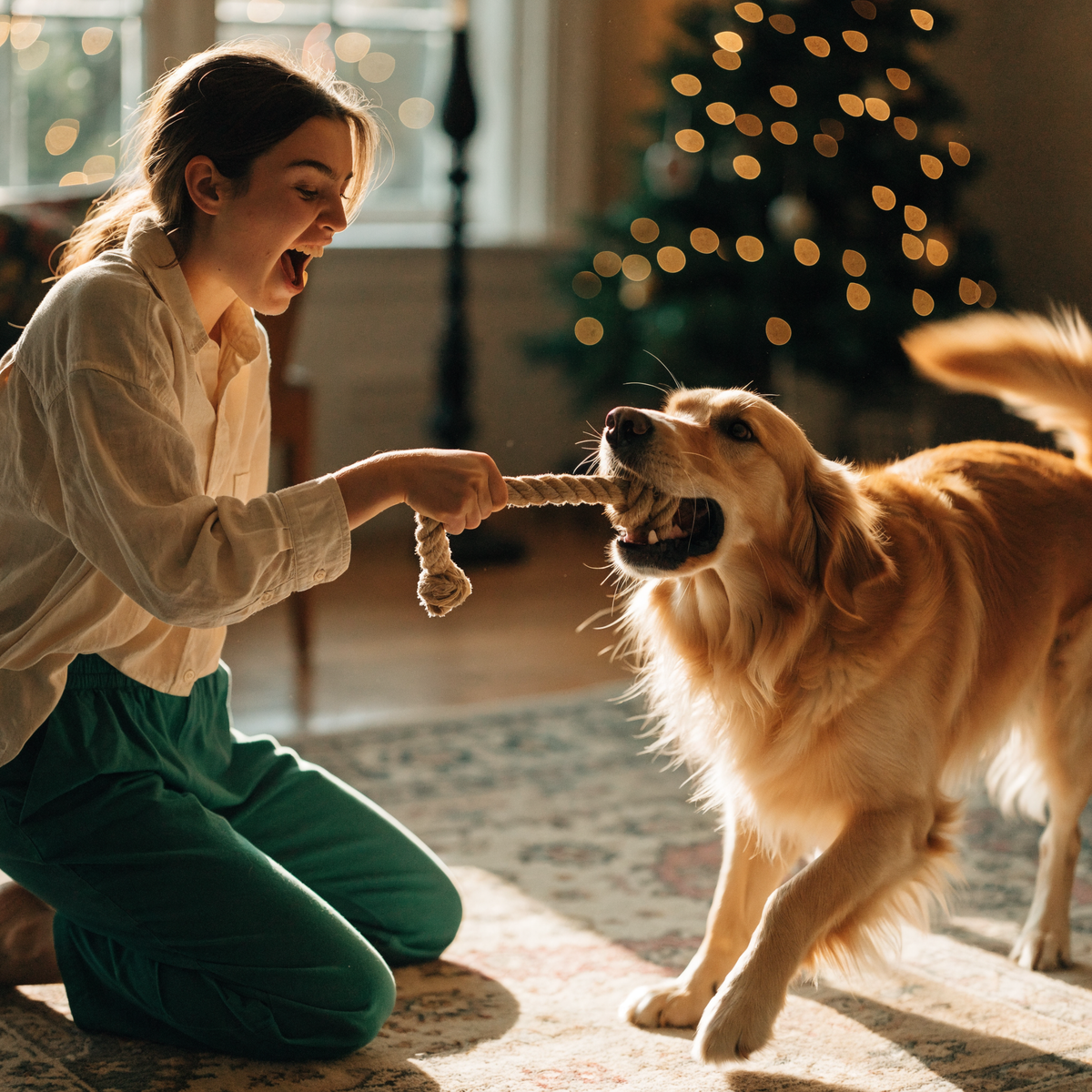 A woman playing tug-of-war with her golden retriever beside a decorated Christmas tree