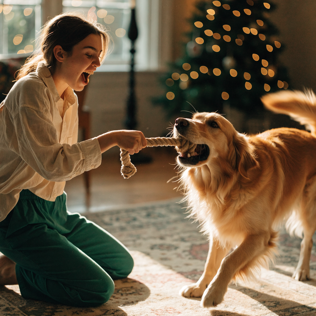 A woman playing tug-of-war with her golden retriever beside a decorated Christmas tree